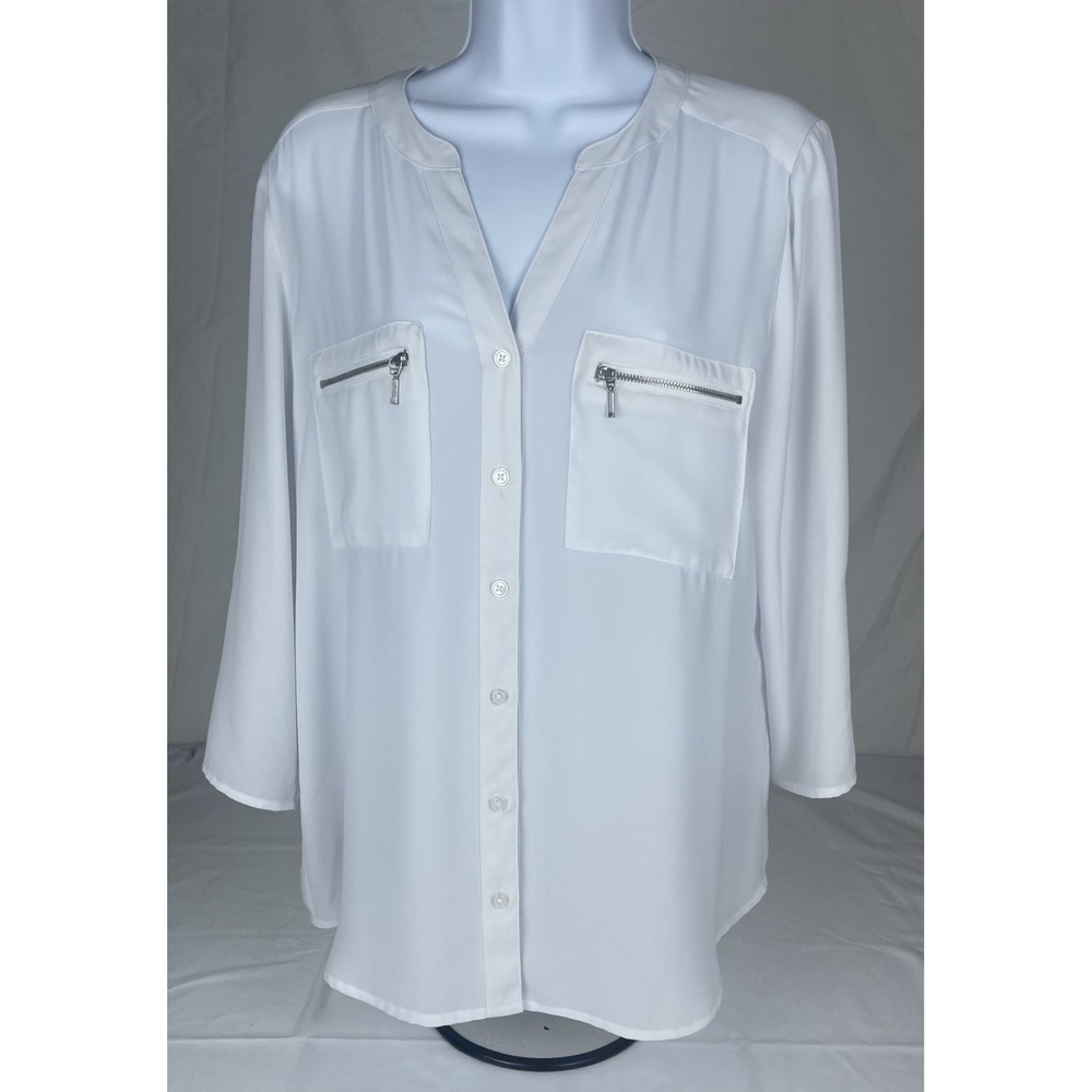 CHICOS‎ WOMENS SIZE 1 WHITE BLOUSE ZIP POCKET BUTTON FRONT 3/4 SLEEVE LIGHTWEIGH